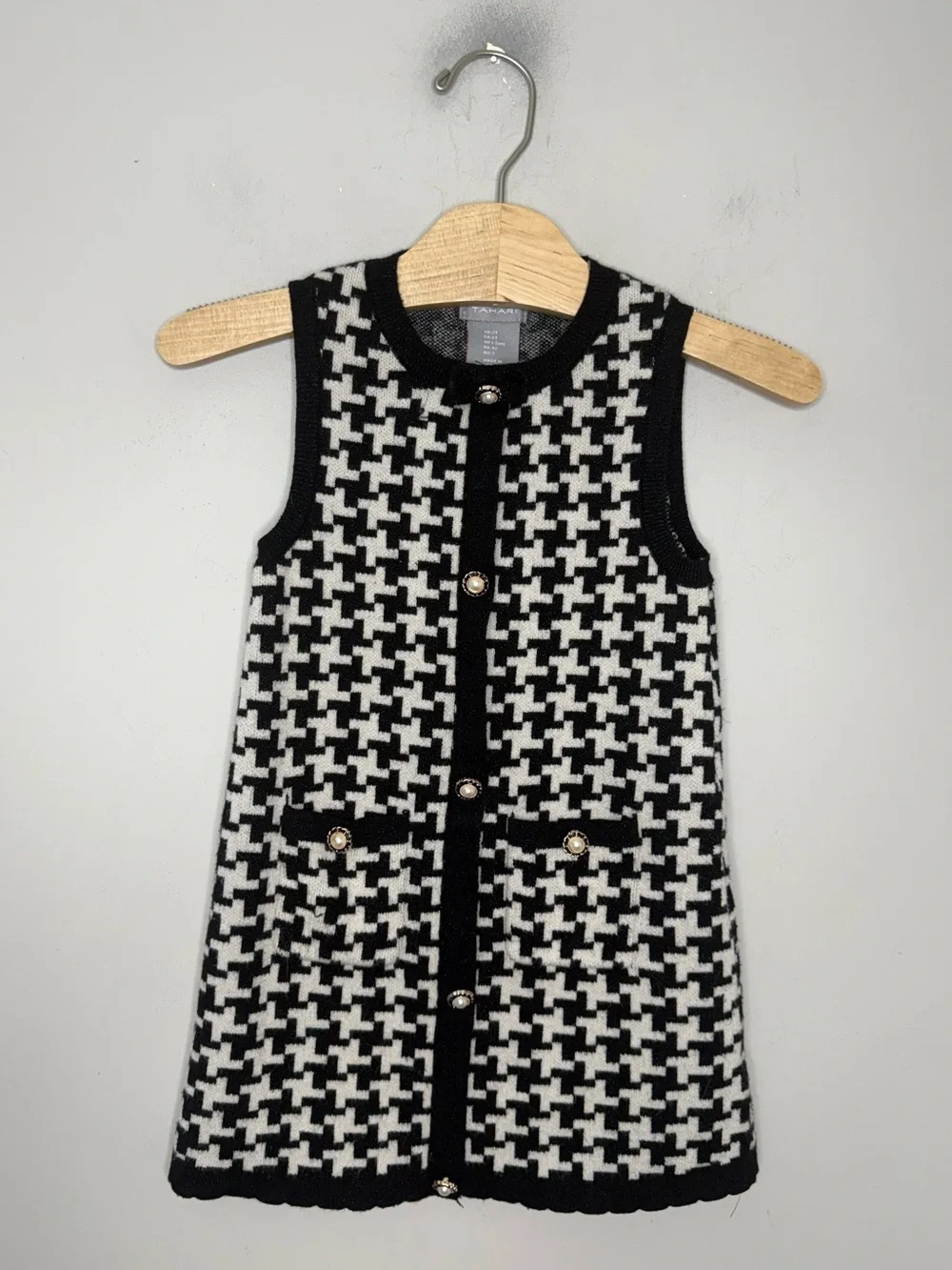 Black & White Houndstooth Knit Girls' Formal Dress